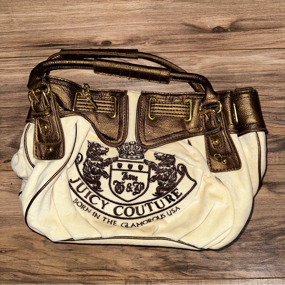 Juicy Couture Velour Gray Satchel Handbag Gold Metallic Trim Crown Logo Y2K
